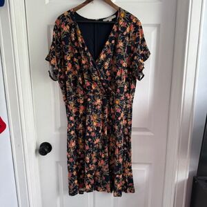 Loft Women Navy Blue Floral Faux Wrap Short Sleeve Dress Size 18